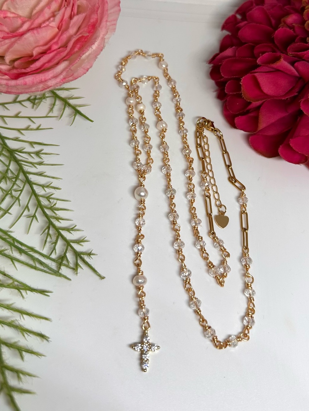 NEW ⚜️ Freshwater Pearl & Crystal Handmade Rosary Necklace - Picture 2 of 9